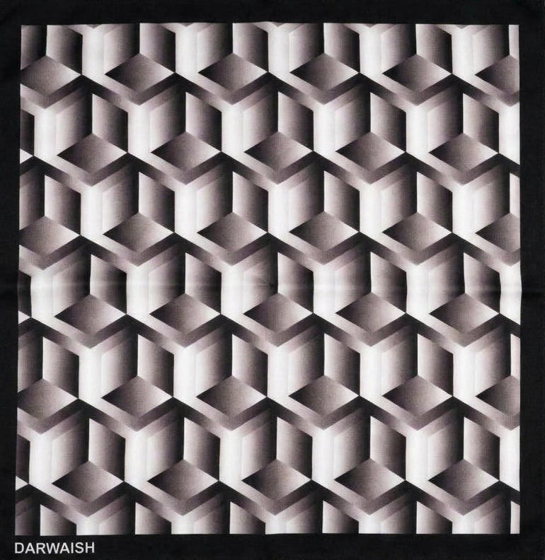 A square scarf with a black border and an all-over 3D geometric cube pattern in shades of gray, black, and white. The brand name 'DARWAISH' is printed in white on the bottom left corner of the black border.
