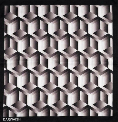 A square scarf with a black border and an all-over 3D geometric cube pattern in shades of gray, black, and white. The brand name 'DARWAISH' is printed in white on the bottom left corner of the black border.
