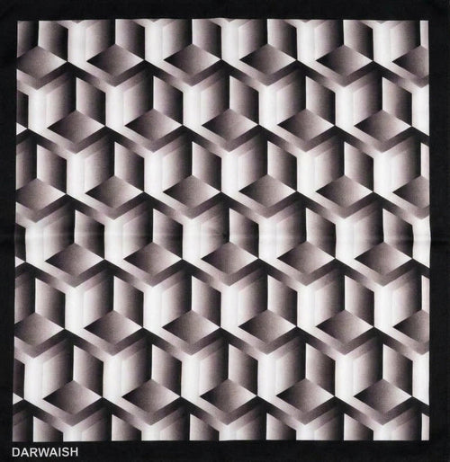 A square scarf with a black border and an all-over 3D geometric cube pattern in shades of gray, black, and white. The brand name 'DARWAISH' is printed in white on the bottom left corner of the black border.