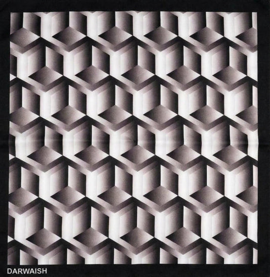 A square scarf with a black border and an all-over 3D geometric cube pattern in shades of gray, black, and white. The brand name 'DARWAISH' is printed in white on the bottom left corner of the black border.